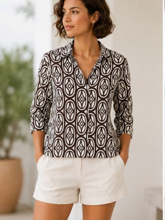 JM Collection Tops - JM Collection Linen Button Shirt Geometric Print 3/4 Sleeve Casual Office Sz 10